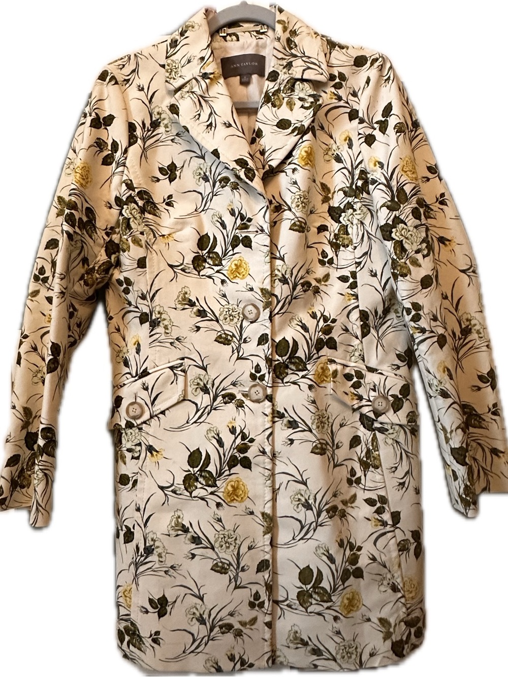 Ann Taylor Cream Floral Button-Front Coat with Olive & Yellow Print